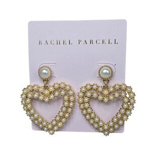 Rachel Parcell Women's Heart Dangle Faux Pearl Gold Plated Pierced Earrings NWT